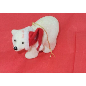 Vintage Flocked White Polar Bear Santa Christmas Hat Hanging Ornament